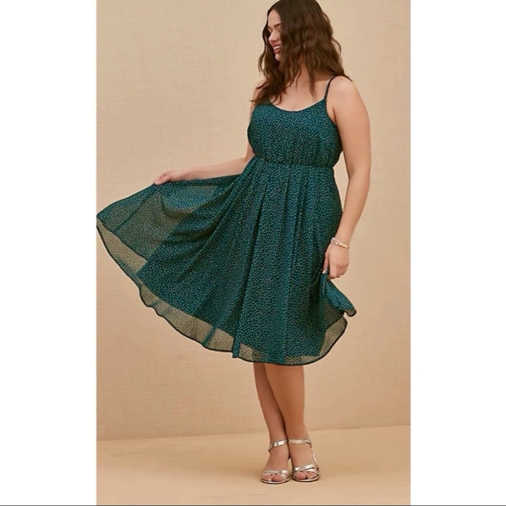 TEAL POLKA DOT CHIFFON PLEATED MIDI DRESS SIZE 3